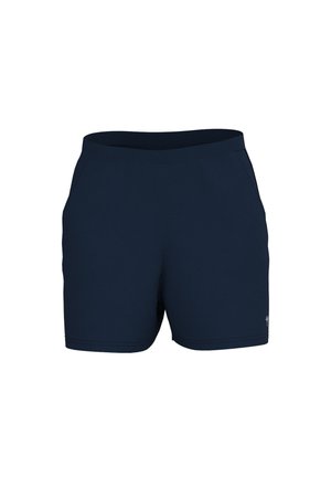 Navy blue athletic shorts made from smooth, lightweight fabric. Features two side pockets and an elastic waistband for comfort.