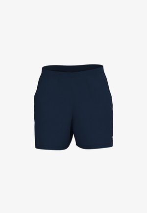 Navyblauwe sportshorts gemaakt van glad, lichtgewicht materiaal. Voorzien van twee zijzakken en een elastische tailleband voor comfort.