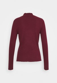 Burgunderfarbener, gerippter Turtleneck-Pullover mit langen Ärmeln, eingerolltem Kragen und tailliertem Design. Weiche Textur und minimalistischer Stil.