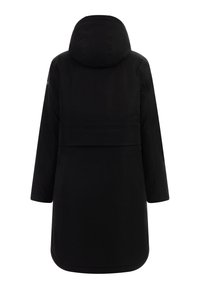 Sort hættefrakke med en lige silhuet, lange ærmer og længde til midt på låret. Har minimalistiske detaljer og en glat tekstur.