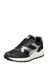 Schwarzer und silberner Sneaker mit einer Mischung aus Mesh- und synthetischen Materialien, strukturierten Akzenten, einer Gummisohle und einem gepolsterten Kragen für Komfort.