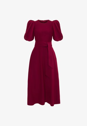 Bordowa midi sukienka z bufiastymi rękawami, okrągłym dekoltem i dopasowanym paskiem w talii. Wykonana z gładkiego materiału z lekko opadającą spódnicą.