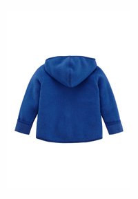 Blaue Fleece-Hoodie mit einer abgerundeten Kapuze, langen Ärmeln und einer weichen Textur. Verfügt über eine einfarbige Gestaltung und gerippte Bündchen. Keine sichtbaren Details auf der Vorderseite.