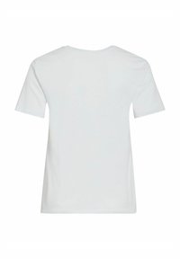 T-shirt blanc à manches courtes avec un col rond, fabriqué en tissu lisse, présente un dos uni sans graphiques ni motifs.
