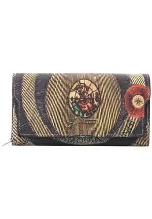 Een rectangulaire portemonnee met een kleurrijk patroon met circulaire ontwerpen, een zwarte rand en een metallic logo aan de voorkant.