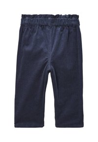 Shorts en velours côtelé bleu foncé avec une taille élastique, présentant une texture ribbed verticale et un design arrivant mi-cuisse. Pas de poches visibles.