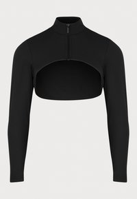 Melna crop top ar garām piedurknēm, augstu apkakli un priekšējo rāvējslēdzēju. Satur atvērtu vidusdaļu un gludu, stiepjamu auduma tekstūru.