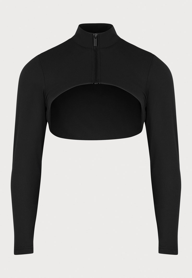 Čierny krátky top s dlhými rukávmi, vysokým golierom a predným zipsom. Obsahuje otvorenú strednú časť a hladký, elastický materiál.