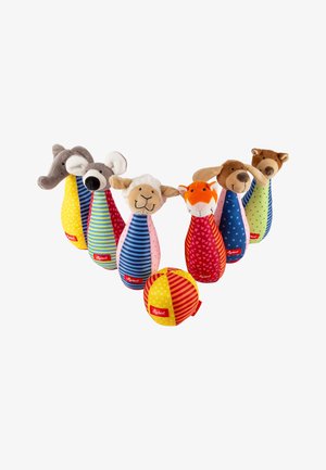 Set of six soft toy bowling pins with animal faces, featuring various colors and patterns, alongside a small striped rubber ball.