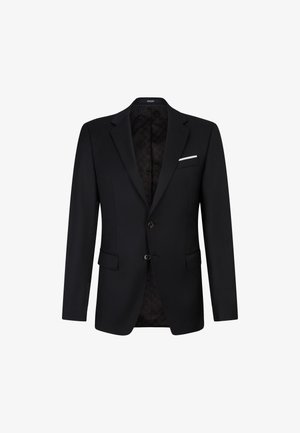 Schwarzer Blazer mit Revers, zwei vorderen Taschen, Ein-Knopf-Verschluss, weißem Taschentuch und gemustertem schwarzen Futter.