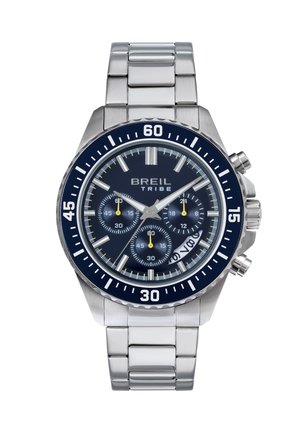 Breil Tribe Chronograph-Uhr aus Edelstahl mit blauem Zifferblatt, drei Nebenzifferblättern, Datumsanzeige und drehbarer Lünette mit Minutenmarkierungen.
