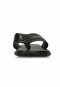 Black leather thong sandal with wide stitched straps and cushioned sole, shown from front angle on white background.