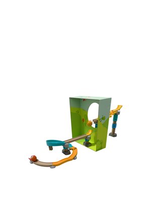 Drewniana zabawka tor kulkowy z kolorowymi zakrzywionymi torami, rampami i zielonym pudełkiem z okrągłym otworem prowadzącym kulkę.
