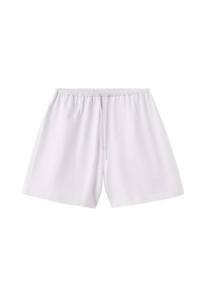 Pantaloncini con vita elasticizzata bianca e coulisse, realizzati in tessuto leggero, distesi su uno sfondo bianco.
