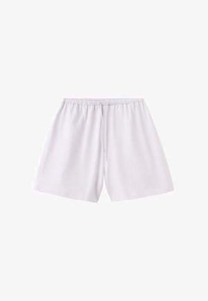 Shorts à taille élastique blanche avec un cordon de serrage, fabriqués en tissu léger, disposés à plat sur un fond blanc.