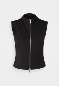 Svart ermeløs vest laget av glatt stoff, med høy krage og frontglidelås med metallbeslag.