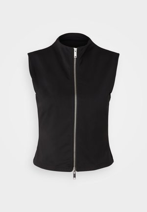 Black sleeveless vest made of smooth fabric, featuring a high collar and front zipper closure with metallic hardware.