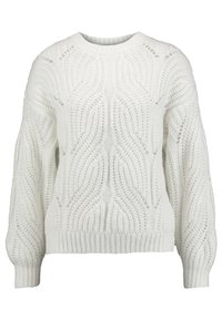 Biała sweter robiony na drutach z teksturowanym wzorem fal, okrągłym dekoltem oraz ściągaczami przy mankietach i dole. Luźny krój.