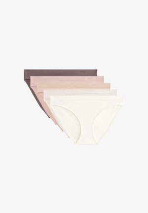 Päť párov bavlnených hipster nohavičiek v rôznych odtieňoch: tmavohnedá, svetlohnedá, ružová, béžová a biela. S hladkými okrajmi a bez viditeľných švov.