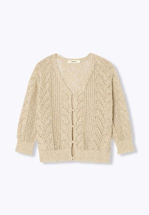 Cardigan beige en tricot avec motifs zigzag ajourés, col en V, manches longues et fermeture à boutons sur le devant.