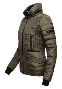 Olive green puffer jacket with quilted design, high collar, black accents, zippered pockets, and ribbed cuffs. Durable, insulated material.