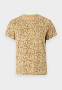 Short-sleeve, yellow t-shirt featuring a black floral pattern, round neckline, and a relaxed fit. Made of soft cotton material.