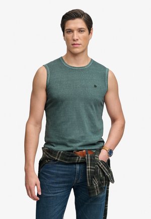 Homme portant un débardeur vert, un jean bleu, une chemise à carreaux nouée autour de la taille et une montre bleue au poignet, debout devant un fond uni.