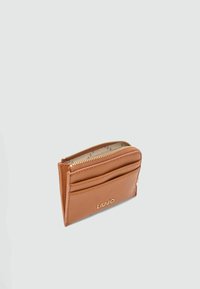 Brown leather wallet with a zipper closure, multiple card slots, textured finish, and a gold logo on the front.