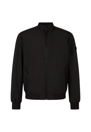 Schwarze Bomberjacke mit hohem Kragen, Vorderreißverschluss und zwei seitlichen Taschen. Mit elastischen Bündchen und Saum für eine figurbetonte Silhouette.