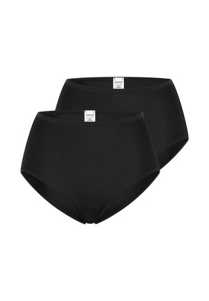 Two black seamless high-waist women's underwear with front brand labels, shown against a white background.