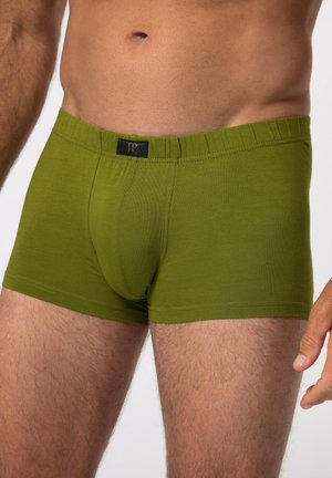 Grüne Baumwoll-Boxershorts mit glatter Textur, elastischem Bund mit einem schwarzen Etikett und einem eng anliegenden Design, das für Bedeckung sorgt.