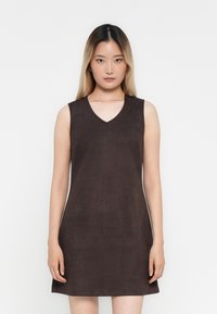 Brown sleeveless dress in a soft, suede-like material with a V-neck and a straight, slightly flared silhouette. Smooth texture.