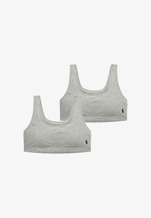 Dvě světle šedé bezešvé sportovní podprsenky s kulatým výstřihem, širokými ramínky a malým vyšívaným logem v námořnické modři na spodní levé straně.