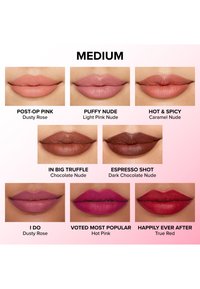 Acht lipkleuren gepresenteerd in een raster: stoffige roos, lichtroze nude, karamel nude, chocolade nude, donkere chocolade nude, felroze en echte rood.