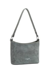 Borsa a tracolla in suede grigio con finitura liscia, parte superiore curva e tracolla staccabile. Presenta un piccolo logo sul davanti.
