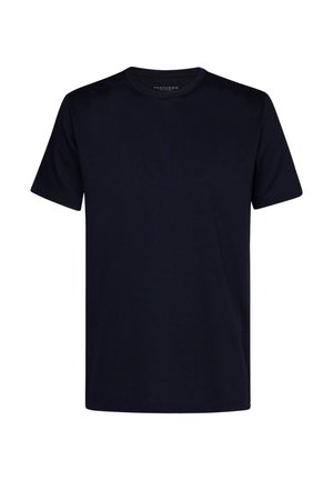 T-shirt à manches courtes bleu marine en tissu doux, avec un col rond et un design simple, sans embellissement.