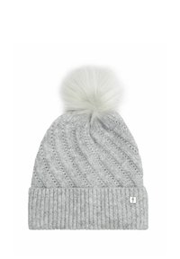 Szara, dziana czapka beanie z teksturowanym wzorem, z puszystym pomponem na czubku i ściągaczem u podstawy. Mały metalowy akcent w formie logo.