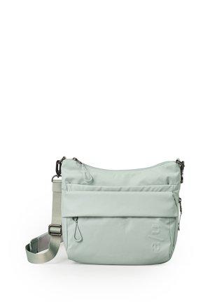 Lichtgroene schoudertas met verstelbare riem, een voorvak met rits en een geperst "au"-logo aan de rechteronderkant.