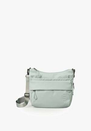 Lichtgroene schoudertas met verstelbare riem, een voorvak met rits en een geperst "au"-logo aan de rechteronderkant.