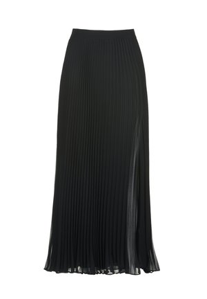 Zwarte geplooide maxi-rok met een hoge tailleband en een zij-split, gemaakt van lichtgewicht stof, met fijne, verticale plooien over de hele rok.
