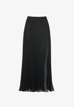 Zwarte geplooide maxi-rok met een hoge tailleband en een zij-split, gemaakt van lichtgewicht stof, met fijne, verticale plooien over de hele rok.