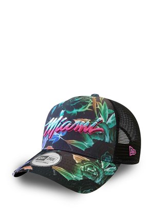 Black cap with floral design featuring shades of green and pink. “Miami” in bright pink embroidery. Mesh back for ventilation. Adjustable strap.