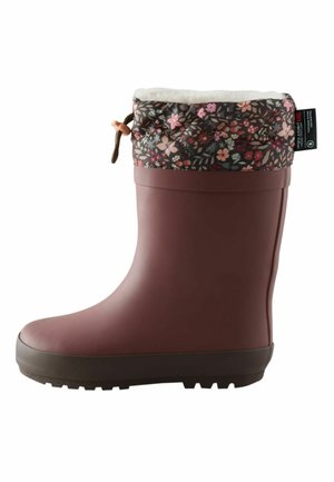 Brauner Gummistiefel für Kinder mit floraler gesteppter Stoffmanschette und weißem Fleecefutter, mit Kordelzugverschluss oben.
