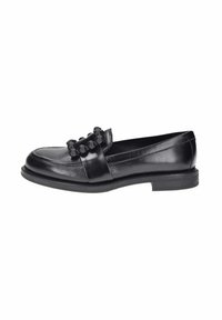 Mocassino in pelle nera con tacco basso e una fascia decorativa con perline rotonde lungo la parte superiore.
