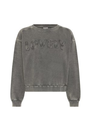 Felpa grigia con maniche lunghe e collo a giro, con la scritta "LOVELY" in rilievo sul petto e polsini e orlo a coste.