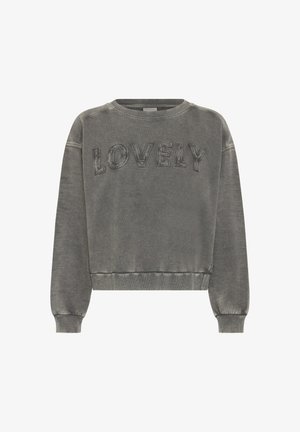 Felpa grigia con maniche lunghe e collo a giro, con la scritta "LOVELY" in rilievo sul petto e polsini e orlo a coste.