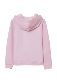 Hoodie lungo a maniche con cappuccio di colore rosa chiaro, con polsini e vita a costine, mostrato dal retro su uno sfondo bianco.