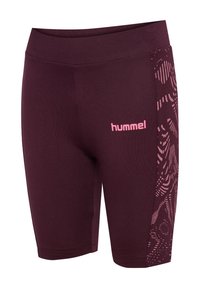 Burgundy athletic shorts with a fitted design. Features a pink logo and a textured side panel with a pattern. Made from stretch fabric.