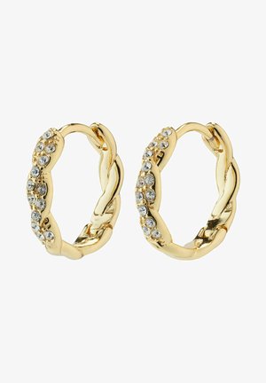 Gold-tone hoop earrings featuring a twisted design with clear gemstones set along one side. Smooth texture with a polished surface.