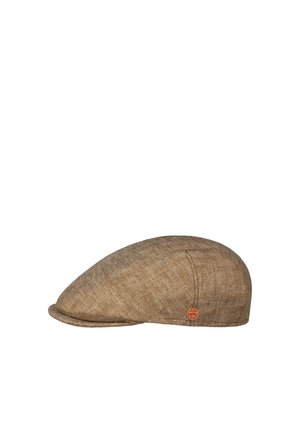 Brown herringbone tweed flat cap with a small circular emblem on the side, displayed against a white background.